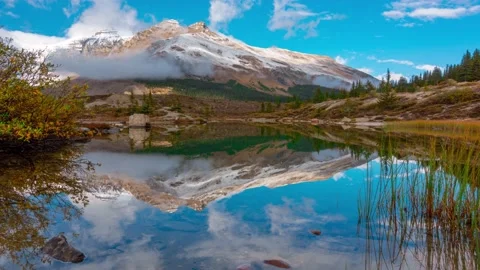 Lake Reflection of Massive Mountain Snow Covered Peak In Banff  Time Lapse 4k Stock Footage 136642461