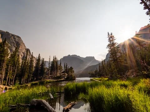 Lake reflection scene with gorgeous marsh grass, lush forest, and Rocky Mount Foto stock