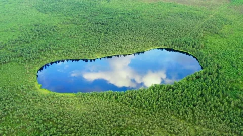 Lake with reflections of sky on water surface. Untouched nature national park Stock Footage 136199407