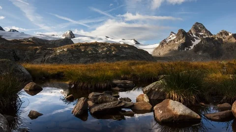 Lake reflections timelapse of Rutor Glacier, Alps, La Thuile, Italy, Europe Stock Footage 93160248