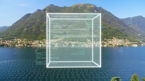 Lake ripples sparking wireframe cube rising over lake rotating and casting code Stock Footage 334351728