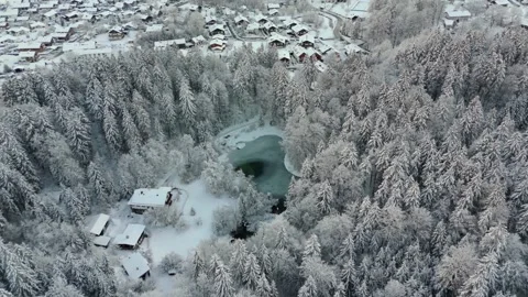 Lake Rosensee in winter surrounded by snow-covered coniferous forest and Alps Stock Footage 316645205