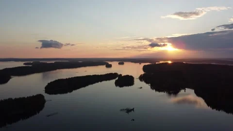 Lake Saimaa Sunset from Above Midsummer Night Stock Footage 158702552