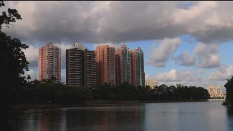 Lake scenery shrouded in mist,fly cloud,exchanging light,shadow, building Stock Footage 281427501