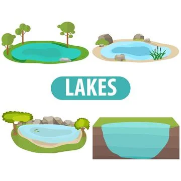 Lake, a set of lakes with trees and stones. Stock Illustration