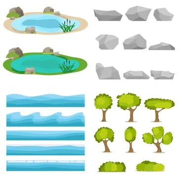 Lake, a set of stones, trees, a set of seascapes, a wave Stock Illustration