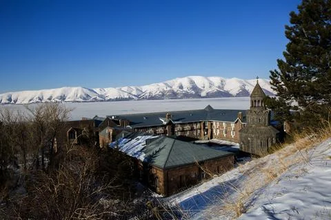 Lake Sevan covered with ice 写真素材