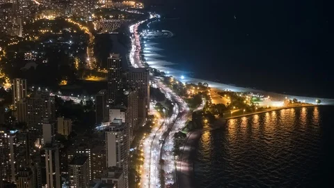 Lake Shore Drive and Lake Michigan from Above at Night Video stock 90266653