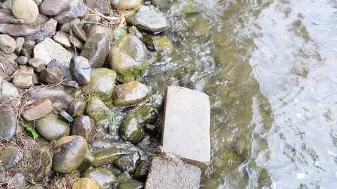 Lake shore rocks with cinder block Stock Footage 79792128