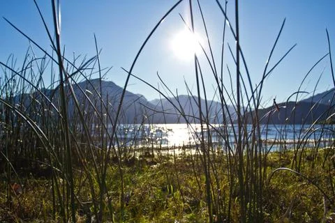 Lake side with mountain range in the background close to El Bolsn. Perfect .. Fotos de archivo