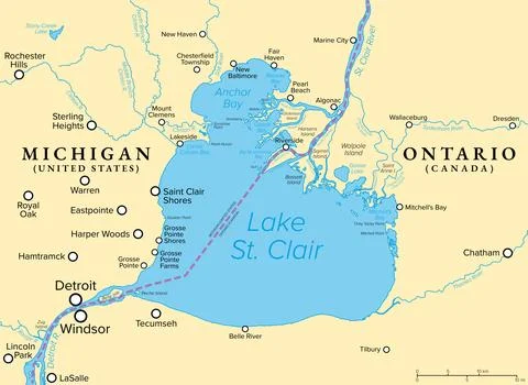 Lake St. Clair, part of Great Lakes system in North America, political map Stock Illustration