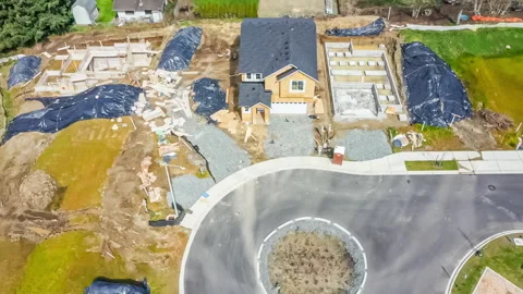 LAKE STEVENS, USA – 2020/04/15: Tiny planet drone shot of house construction Stock Footage 332126826