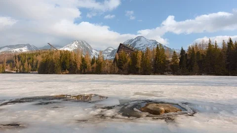 Lake Strbske pleso in spring time Stock Footage 112836067