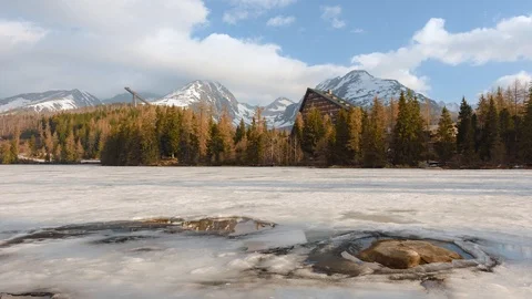 Lake Strbske pleso in spring time Stock Footage 112836186