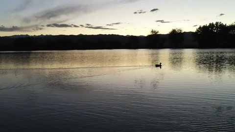 Lake at sunset - Drone camera moves  forward Stock Footage 137864345