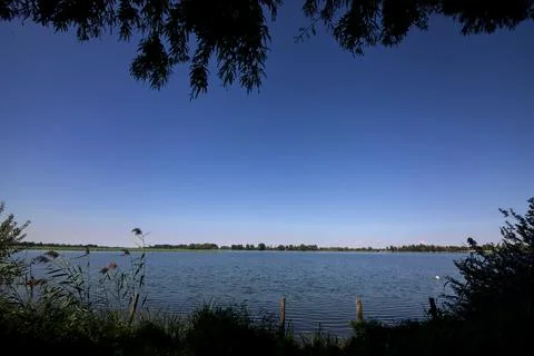Lake at sunset framed by trees and seen from the shore Stock Photos