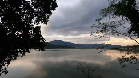 Lake at sunset with the reflection of trees. Video stock 230078528