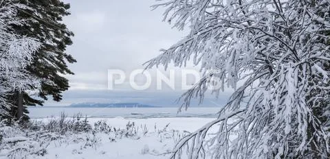 Lake Superior and Sleeping Giant in winter; Thunder Bay, Ontario, Canada Stock Photos