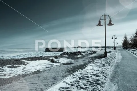 Lake Superior in Duluth, Minnesota waterfront frozen in winter in infrared Stock Photos