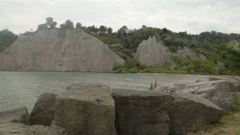 A lake surrounded by cliffs. Slider shot with rocks in the foreground. Stock Footage 77583733
