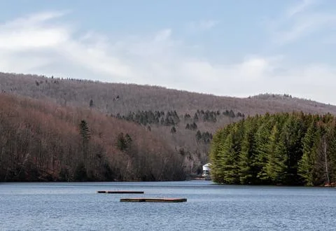 A lake surrounded by forests Stock Photos