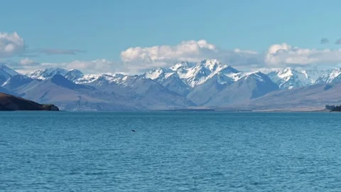 A lake surrounded by snow-capped mountains and ducks in the water on a sunny day Stock Footage 260883154