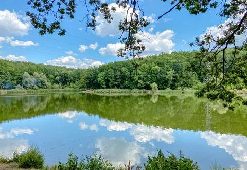 A lake surrounded by trees and blue sky Stock Photos