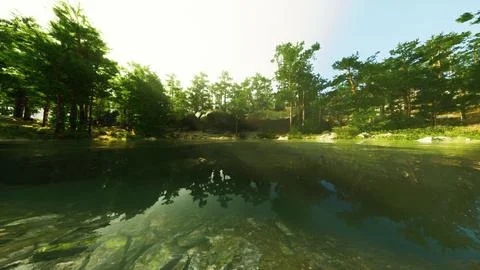 A lake surrounded by trees in the middle of a forest Stock Illustration