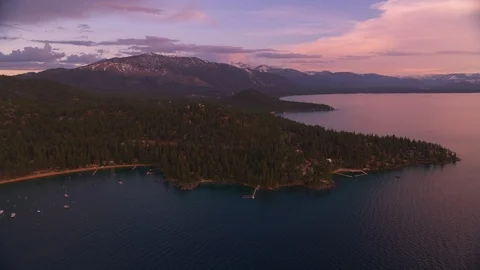 Lake Tahoe, circa-2019.  Aerial view of Lake Tahoe at sunset.  Shot from Stock Footage