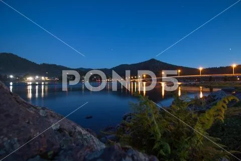 Lake Teletskoye shore at night, Altai Republic, Russia Stock Photos