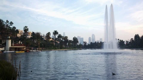 Lake Timelapse, Echo Park, paddle boats, fountain, time change, sunset Stock Footage 99809990