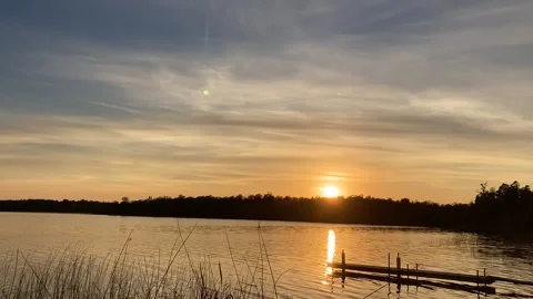 Lake timelapse sunset with dock, quick boat, to late dusk 4841 Stock Footage 264785271