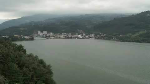 Lake town forest mountain Stock Footage 67363710