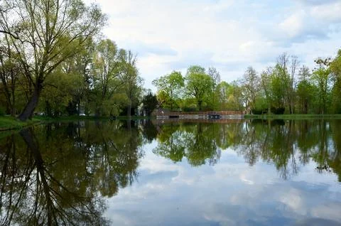Lake with trees in the background and a cloudy sky Stock Photos