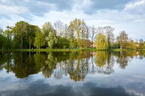 Lake with trees in the background and a cloudy sky Stock Photos