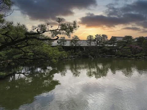 A lake with trees at sunset Stock Photos