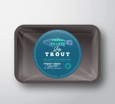 Lake Trout Fillets. Abstract Vector Fish Plastic Tray with Cellophane Cover Stock Illustration