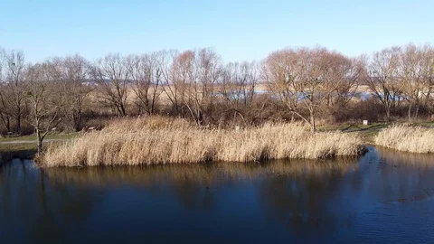 Lake under blue cloudy sky aero Stock Footage 122947160