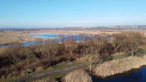 Lake under blue cloudy sky aero Stock Footage 122947552