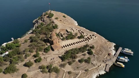 Lake Van Epic Drone View, Akdamar Island, Ancient Church, Turkey, 4K Stock Footage 259594375