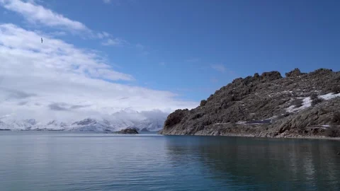 Lake Van in winter with snowcapped mountains near Akdamar Island, Turkey Stock Footage 346370877