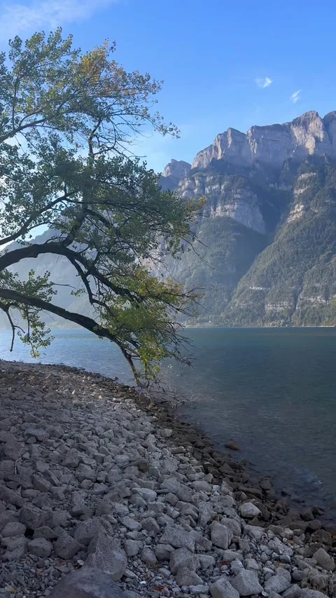 Lake Walen Walensee pebble stone shore Churfirsten mountain range Switzerland Stock Footage 340902102
