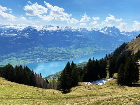 Lake Walensee, between the mountain ranges of Churfirsten and Seeztal valley Stock Photos