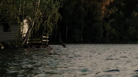Lake Waves by Rustic Cabin in Scenic Finnish Countryside at Dusk Stock Footage 346897211