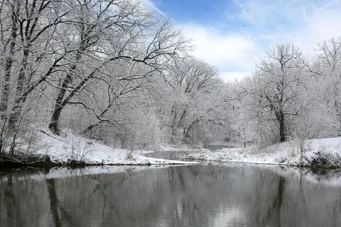 Lake in winter forest Stock Photos