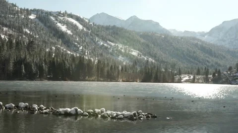 Lake in Winter with Snow Covered Mountains During The Day, Low Moving Fog Stock Footage 145455741