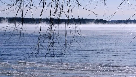 Lake In Winter Steam Clouds, Ice forming Stock Footage 83834139