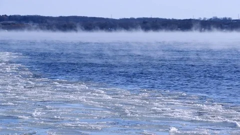 Lake In Winter Steam Clouds Pan 스톡 동영상 83834004