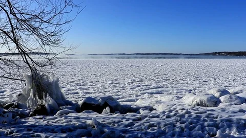 Lake In Winter Steam Clouds Pan Right 스톡 동영상 83996874