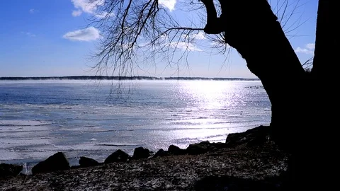 Lake In Winter Steam Clouds Wind Howling Pan Left Vídeo Stock 83834310